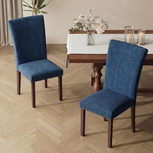 MALOL Dining Chairs Set of 2, High Back Dining Chair with Wood Legs and Nailhead Trim, Modern Padded Kitchen Room Chairs for Dining Room/Restaurant, Dark Blue