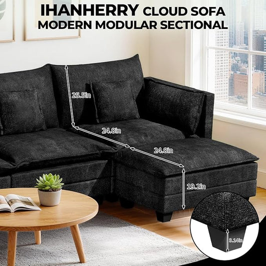 LEVELEVE 112.5" L-Shape Modular Sofa with 1 Ottomans, Deep Seat Cloud Convertible Sleeper, 3 Throw 2 Arm Pillows, Comfortable Upholstered Furniture for Living Room Apartment, Black