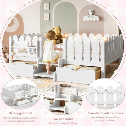 Bellemave Full Size Montessori Bed with Stairs, Lights, Rails and Slats, Full Size Montessori Floor Bed with Bookshelf and 2 Storage Drawers, Easy Assemble Beds Frame for Girls, Boys, White