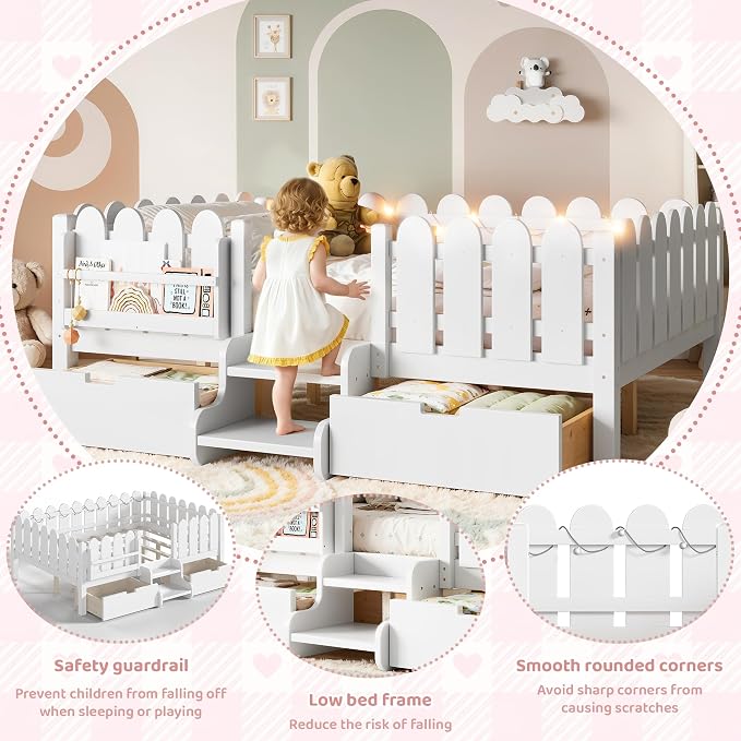 Bellemave Full Kids Montessori Bed with Stairs, Bookshelf and LED Lights, Solid Wood Kids Bed Frame with Storage Drawers for Boys Girls, Low Profile,White