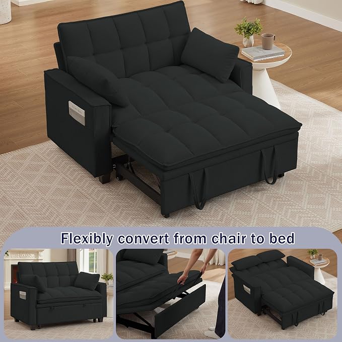 3 in 1 Convertible Sleeper Sofa Bed, 48" Pull Out Couches, Modern Loveseat Sleeper Sofa with Adjustable Reclining Backrest & Side Pockets for Living Room, Black