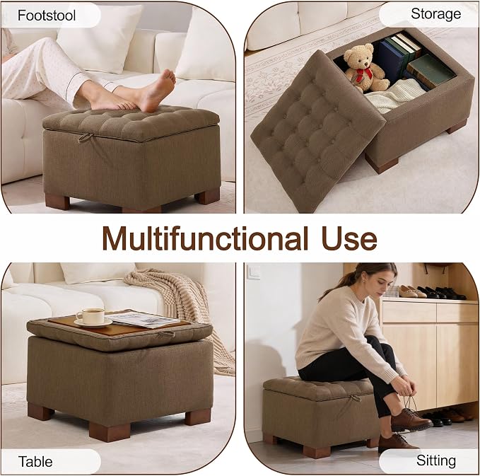 WUTUTUEE 24" Fabric Square Storage Ottoman with Wooden Tray, Modern Tufted Button Footstool Coffee Table, Upholstered Small Ottoman for Living Room, Bedroom, Brown