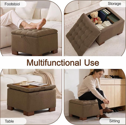 WUTUTUEE 24" Fabric Square Storage Ottoman with Wooden Tray, Modern Tufted Button Footstool Coffee Table, Upholstered Small Ottoman for Living Room, Bedroom, Brown