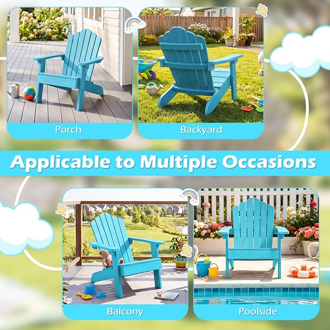 Costzon Kids Adirondack Chair, All-Weather HIPS Toddler Outdoor Chair, Wooden Textured Plastic Fire Pit Chair, Kids Patio Chair for Backyard Lawn Garden, Fits Children Age 3-7 Years (2, Turquoise)