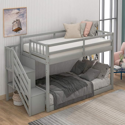Twin Over Twin Bunk Bed with Ladder and for Storage Staircase for Teens, Boys or Girls, No Box Sping Needed