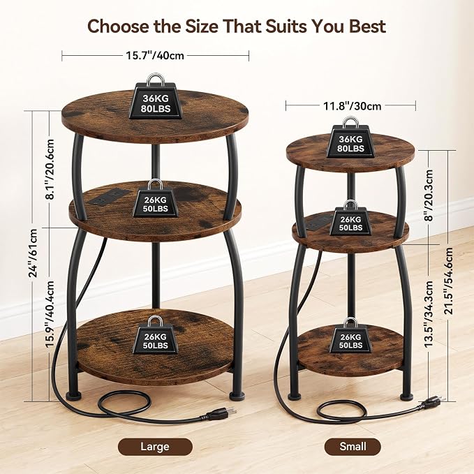 Round Side Table with Power Outlet & USB Ports, 3-Tier End Table with Storage Shelf, 15.7" Wide Nightstand for Small Spaces, Tall Bedside Table Capable of Charging Laptops & Phones, Rustic Brown
