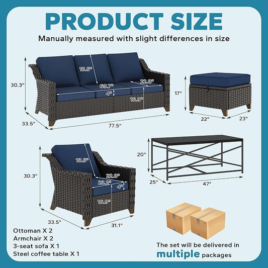 6 Pieces Outdoor Conversation Furniture Set - 77" Patio Sofa, 2 Armchairs, 2 Ottomans, 1 Metal Table, Patio Wicker Couch Set with Washable Cushions for Swimming Pool (Navy Blue)