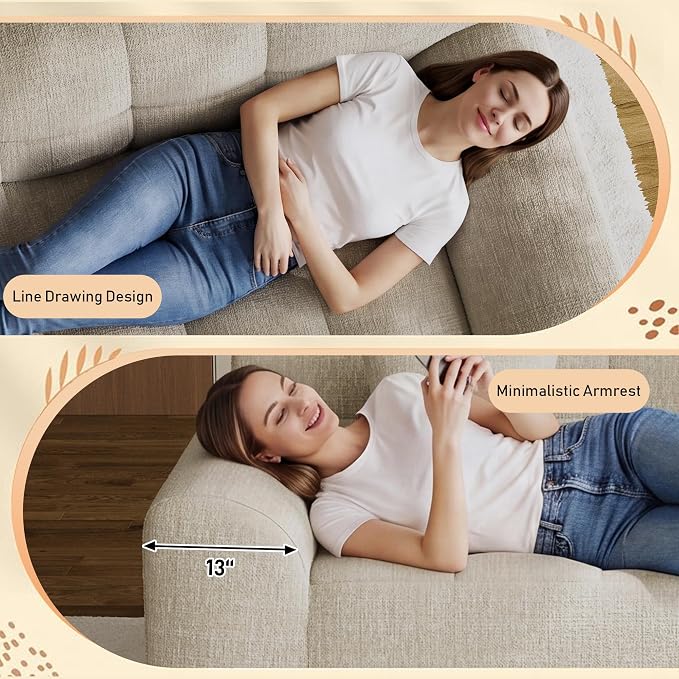 91.5" Modern Boneless Couch for Living Room, Comfy Cloud Sectional Sofa with Deep Seat, Chenille Love Seat Oversized Upholstered 3-Seater Sofa, No Assembly Required Tufted Sofas, Light Brown
