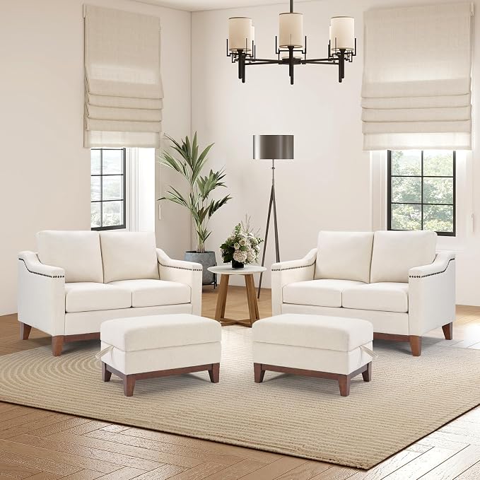 HAOMARKETS 4 Piece Fabric Sofa Set with Nailhead Trim, Included 2 Loveseat 2-Seater Couches with Thicked Cushion and 2 Upholstered Storage Ottoman with Flip-Top Table for Living Room, Beige