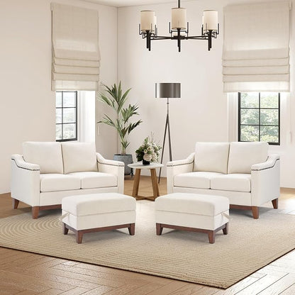 HAOMARKETS 4 Piece Fabric Sofa Set with Nailhead Trim, Included 2 Loveseat 2-Seater Couches with Thicked Cushion and 2 Upholstered Storage Ottoman with Flip-Top Table for Living Room, Beige