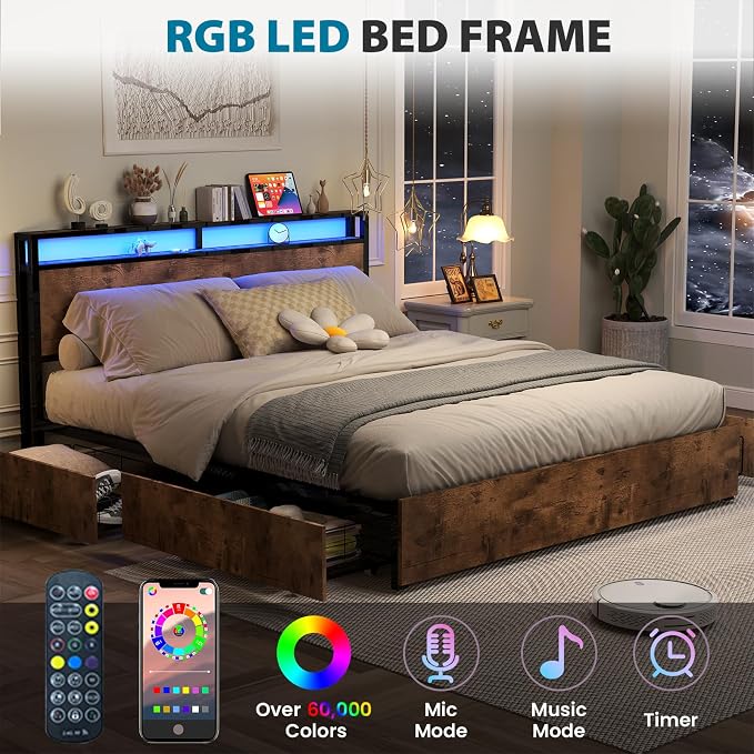 Kiivakii King Size Bed Frame with 4 Storage Drawers, LED Platform Bed with Headboard, Built in Charging Station, Noise Free, Metal Support Base, No Box Spring Needed, Rustic Brown