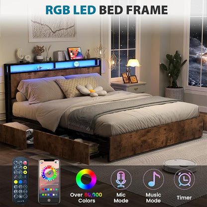 Kiivakii King Size Bed Frame with 4 Storage Drawers, LED Platform Bed with Headboard, Built in Charging Station, Noise Free, Metal Support Base, No Box Spring Needed, Rustic Brown
