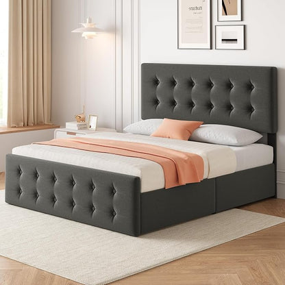IDEALHOUSE Full Size Bed Frame with 4 Storage Drawers and Headboard, Linen Upholstered Platform Bed Frame with Wooden Slats Support, Button Tufted Design, No Box Spring Needed, Light Grey