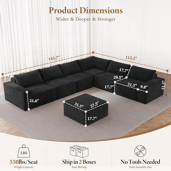 Vesgantti 143.7" Oversized Boneless Couch, Modern 7 Seater Modular Sectional Sofa with Deep Seat, Convertible Chenille Cloud Couches for Living Room, No Assembly Required, Black