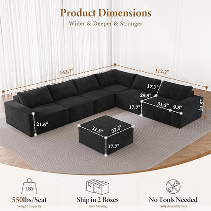 Vesgantti 143.7" Oversized Boneless Couch, Modern 7 Seater Modular Sectional Sofa with Deep Seat, Convertible Chenille Cloud Couches for Living Room, No Assembly Required, Black