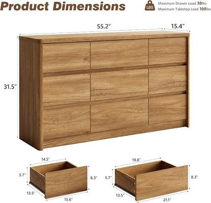 NowMais 3 Pieces of Dresser and Nightstand Set,55 Inch Width 9-Drawer Dresser & 2-Drawer Nightstands Set of 2,Nightstand with USB&Type C Charging Station&Outlets, Modern Design for Bedroom,Natural Oak