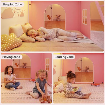 BTHFST Bunk Bed Twin Over Twin with Play Curtain, House Bunk Bed with LED Lights, Metal Kids Bunk Bed with Inclined Ladder and Guardrail, Space Saving, No Box Spring Needed, Pink