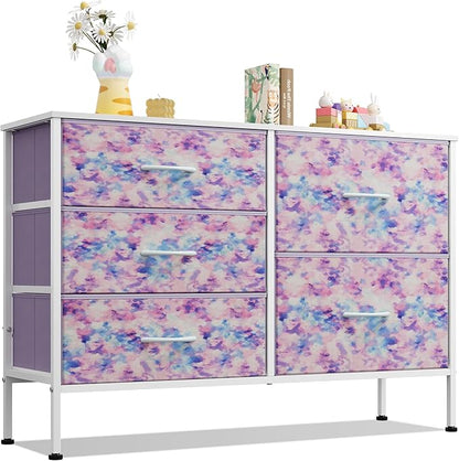 WLIVE Dresser for Bedroom with 5 Drawers, Wide Chest of Drawers for Bedroom, Fabric Dresser for Living Room, Closet, Hallway, Tie-dye Print (Pink, Purple, Blue)