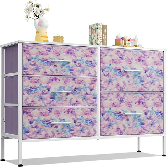 WLIVE Dresser for Bedroom with 5 Drawers, Wide Chest of Drawers for Bedroom, Fabric Dresser for Living Room, Closet, Hallway, Tie-dye Print (Pink, Purple, Blue)