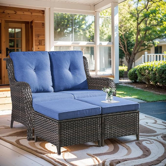 Outdoor Loveseat Sofa - 3 Piece Patio Furniture with Ottoman Deep Seating Patio Couch for Porch Deck Garden Backyard - Brown/Blue