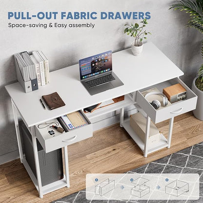 DUMOS 48" Small Computer Home Office Desk for Bedroom with Drawers, Gaming Writing Study Table with Storage Shelf, Adjustable Feet, Compact Desk for Gaming and Home Office Use, White