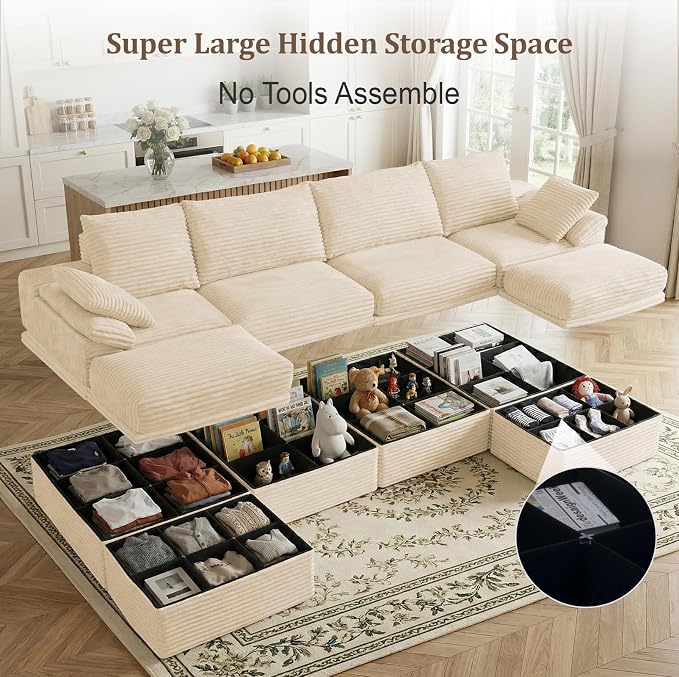 142" Modular U-Shaped Sectional Sofa with Storage, 4-Seat Corduroy Boneless Couch, 27" Deep Seat Cloud Couch & 2 Movable Ottoman, Tool-Free Assembly, Couch for Living Room, Beige