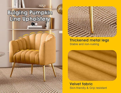 Dewhut Oversized Pumpkin Couch Accent Chair, Modern Comfy Velvet Upholstered Barrel Chairs, Luxury Single Sofa Armchair for Living Room, Waiting Room, Office and Vanity, (Mustard)