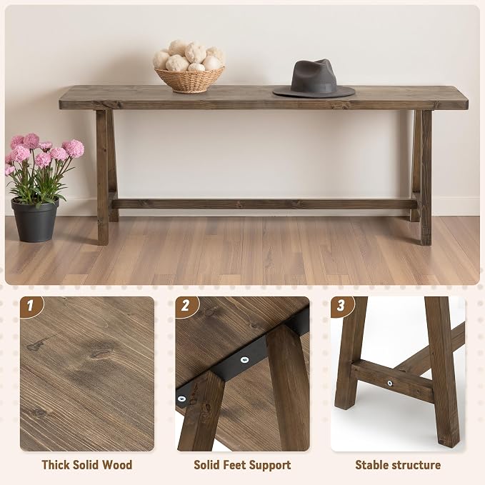 Warmiehomy Solid Wood Bench, 47.2” Rustic Farmhouse Entryway Bench for Living Room Dining Room Hallway Closet Room, Indoors & Outdoors Bench