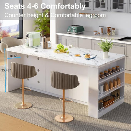 IBF 71" Large Kitchen Island with Storage, White Faux Marble Island table with Seating for 4-6, Stationary Island Cabinet with Drawers & Fridge Space, Modern Wood Counter Height Island Bar, Only Table