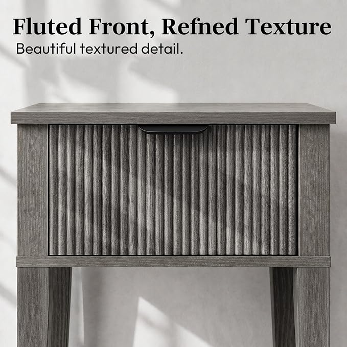 Weathered Gray 15" Wide Small Nightstand, Drawer, Open Shelf, Fluted | Weathered gray tone, ribbed fluted front, 11.8-inch slim depth, concealed storage, cool fit for sofa side or chair side