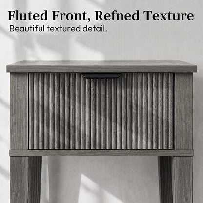 Weathered Gray 15" Wide Small Nightstand, Drawer, Open Shelf, Fluted | Weathered gray tone, ribbed fluted front, 11.8-inch slim depth, concealed storage, cool fit for sofa side or chair side