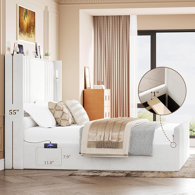 Queen Bed Frame with 55.1" Tall Headboard, Velvet Upholstered Platform Bed with Channel Tufted Wingback, 2 Reading Lights/Storage Shelf/Charging Station/Easy Assembly/Noise-Free, Cream
