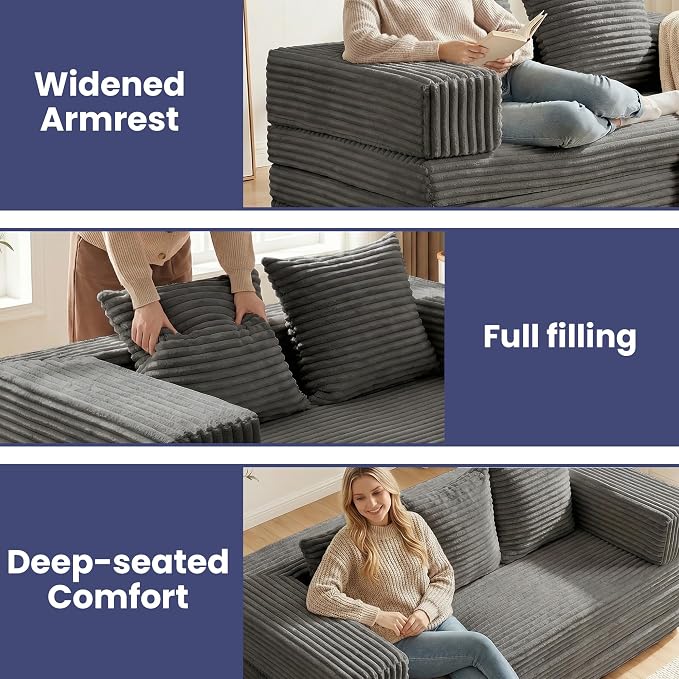 Convertible Sofa Bed, 4-in-1 Boneless Loveseat with Removable Armrests Backrest, Corduroy Futon Couch Bed with Pillow, Foldable Mattress Sleeper Sofa for Living Room Bedroom Small Place (Grey)