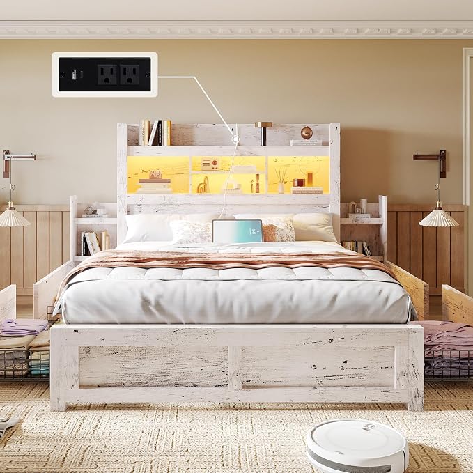 LUXOAK Queen Bed Frame with 49.6" Bookcase Headboard & 4 Drawers & 2 Detachable Bedside Stoage Racks, Farmhouse Wood Bed Frame with RGB LED & Charging Station, No Box Spring Needed, Distressed White
