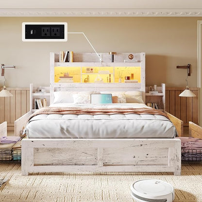 LUXOAK Queen Bed Frame with 49.6" Bookcase Headboard & 4 Drawers & 2 Detachable Bedside Stoage Racks, Farmhouse Wood Bed Frame with RGB LED & Charging Station, No Box Spring Needed, Distressed White