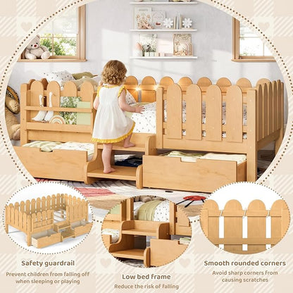 Bellemave Twin Montessori Bed with Stairs, Lights, Rails and Slats, Twin Size Montessori Floor Bed with Bookshelf and 2 Storage Drawers, Easy Assemble Beds Frame for Girls, Boys, Light Natural