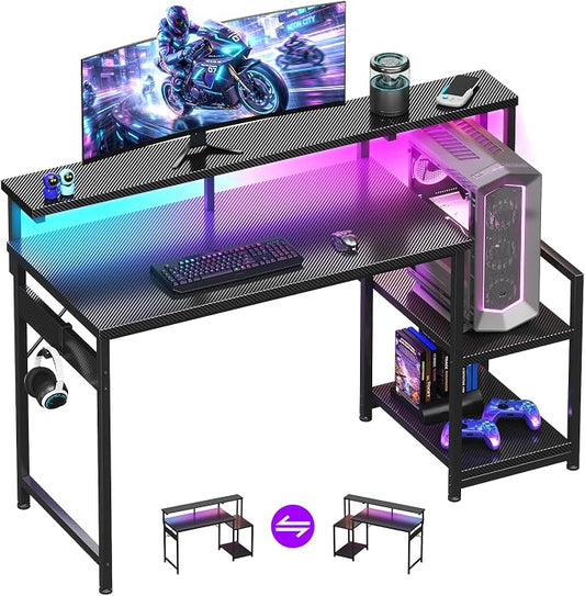AODK 48 Inch Gaming Desk with LED Lights, Computer Desk with Storage Shelves, Reversible Desk with Monitor Stand, Carbon Fiber Black