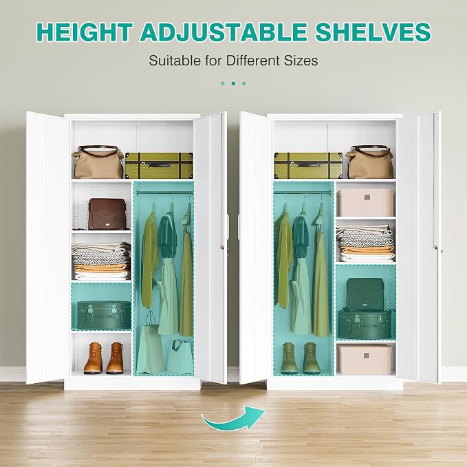 White Wardrobe Cabinet with Lock and Hanging Rod,72" Armoire Closet with Shelf,Lockable Storage Locker,Metal Storage Cabinet with Locking Doors,Steel Wardrobe for Home,Bedroom,Office,Employee,Shop