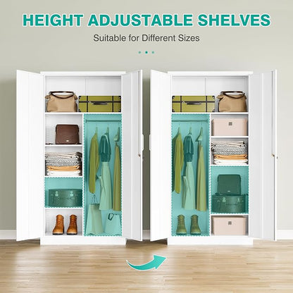 White Wardrobe Cabinet with Lock and Hanging Rod,72" Armoire Closet with Shelf,Lockable Storage Locker,Metal Storage Cabinet with Locking Doors,Steel Wardrobe for Home,Bedroom,Office,Employee,Shop