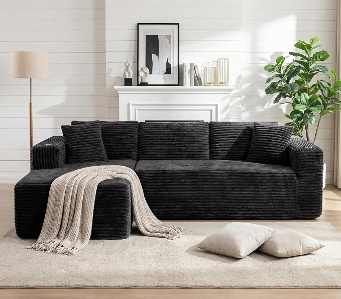 Vongrasig 103" Boneless Sectional Couches for Living Room, L-Shaped Chaise Modular Cloud Couch with Cup Holders on Armrests, Plush Corduroy Comfy Sofa with Memory Foam, No Assembly Required (Black)