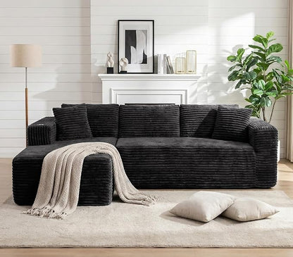 Vongrasig 103" Boneless Sectional Couches for Living Room, L-Shaped Chaise Modular Cloud Couch with Cup Holders on Armrests, Plush Corduroy Comfy Sofa with Memory Foam, No Assembly Required (Black)