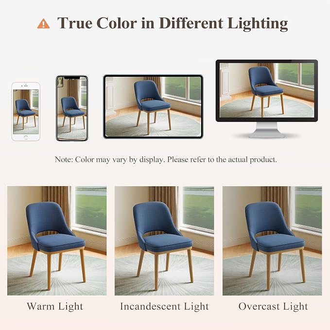 Modern Upholstered Dining Chairs Set of 6, Open Back with Solid Wood Legs, Ergonomic Curved Back Fabric Kitchen Chairs for Dining Room & Kitchen, Living Room Side Chairs, Farmhouse, Blue