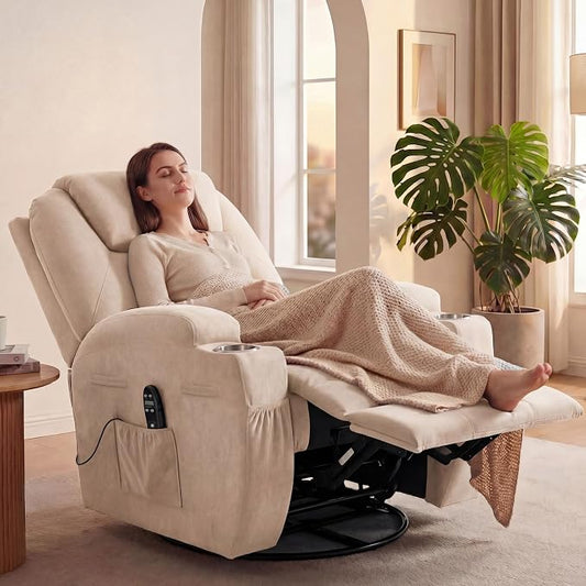 JUMMICO Small Swivel Rocker Recliner, 360 Rocking Chair Recliner with Massage, Upholstered Fabric Rocker Recliner with Cup Holder for Living Room, Bedroom, Nursery (Beige)