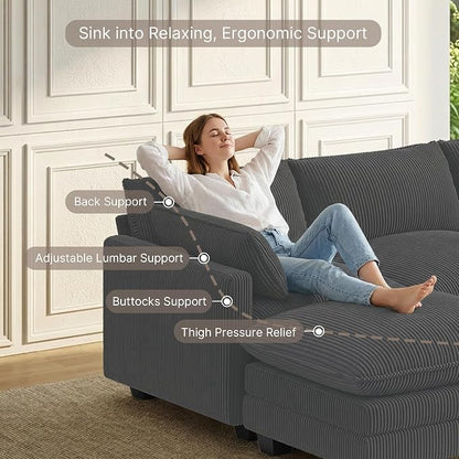 Gizoon 75'' Loveseat with Ottoman for Small Space L Shaped Cloud Coucher with Deep Seats, 2 Seater Love Seat Sofa with Washable Corduroy Cover for Living Room Bedroom, Gray