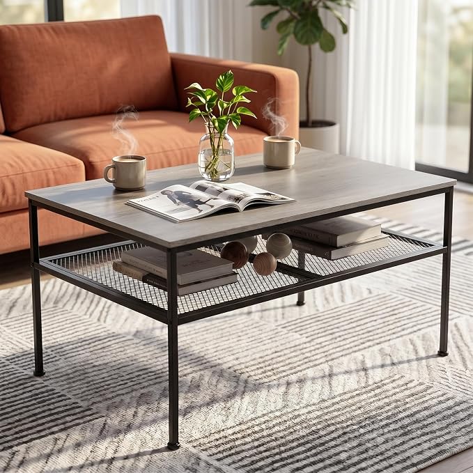 SENIG 2-Tier Coffee Table 35.4" with Iron-Mesh Storage Shelf, Grey Oak | Industrial Wood and Metal Center Table for Home Office Kitchen 35.4" L x 23.6" W