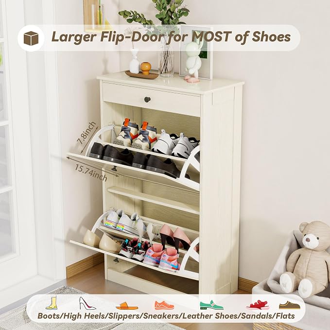 FTZxHKLX Shoe Cabinet with 2 Flip Drawers, Slim Freestanding Hidden Shoe Organizer with Drawer, Pet-Proof Shoe Storage Cabinet for Entryway Living Room Behind The Door, Light Oak