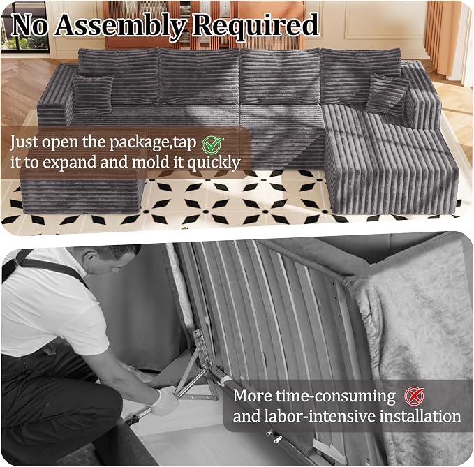 BSHOMGI 92.5'' U-Shaped Boneless Couches, Comfy Corduroy 3 Seaters Sofas with Ottoman, Modern High Back Sectional Sofa for Living Room with Oversized Chaise Deep Seat Sofa, No Assembly Needed