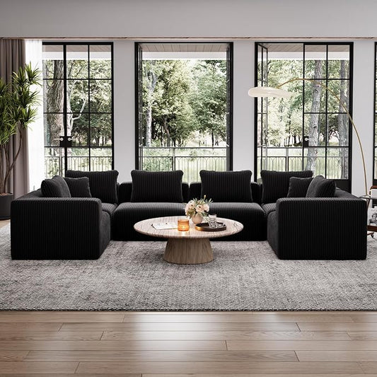 Avenco 141” 6-Seat Modular Sectional Sofa Couch, Individually Wrapped Coil Support & Corduroy Fabric, Zero Assembly 6-Piece Set for Large Living Room, Black