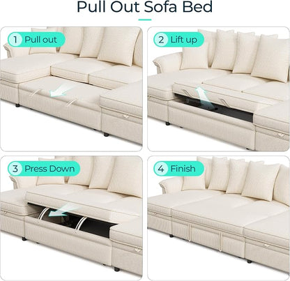 LINSY HOME Oversized Sectional Sleeper Sofa with Pull Out Couch Bed (Beige, 118.5'') | USB Charging
