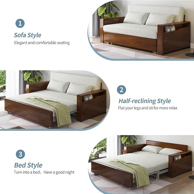59" 3 in 1 Convertible Sleeper Sofa with Storage, Grey Soft Cushion Sectional Couch, Reversible Chaise, Walnut Wood Frame Pull-Out Bed for Living Room, Apartment, Office
